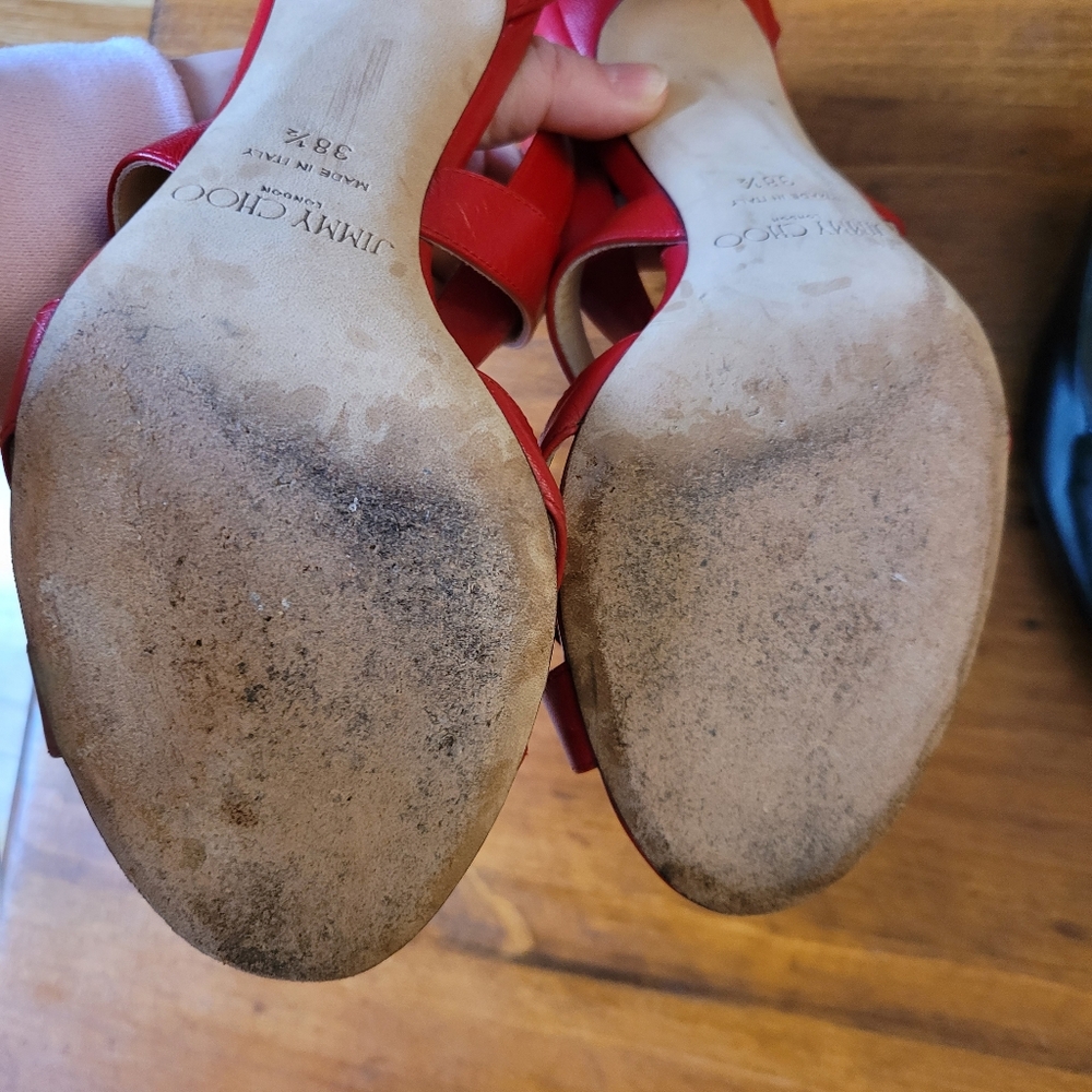 Jimmy Choo Red Leather Lottie Sandal Heels Size 38.5 Or US 8 - Picture 11 of 11